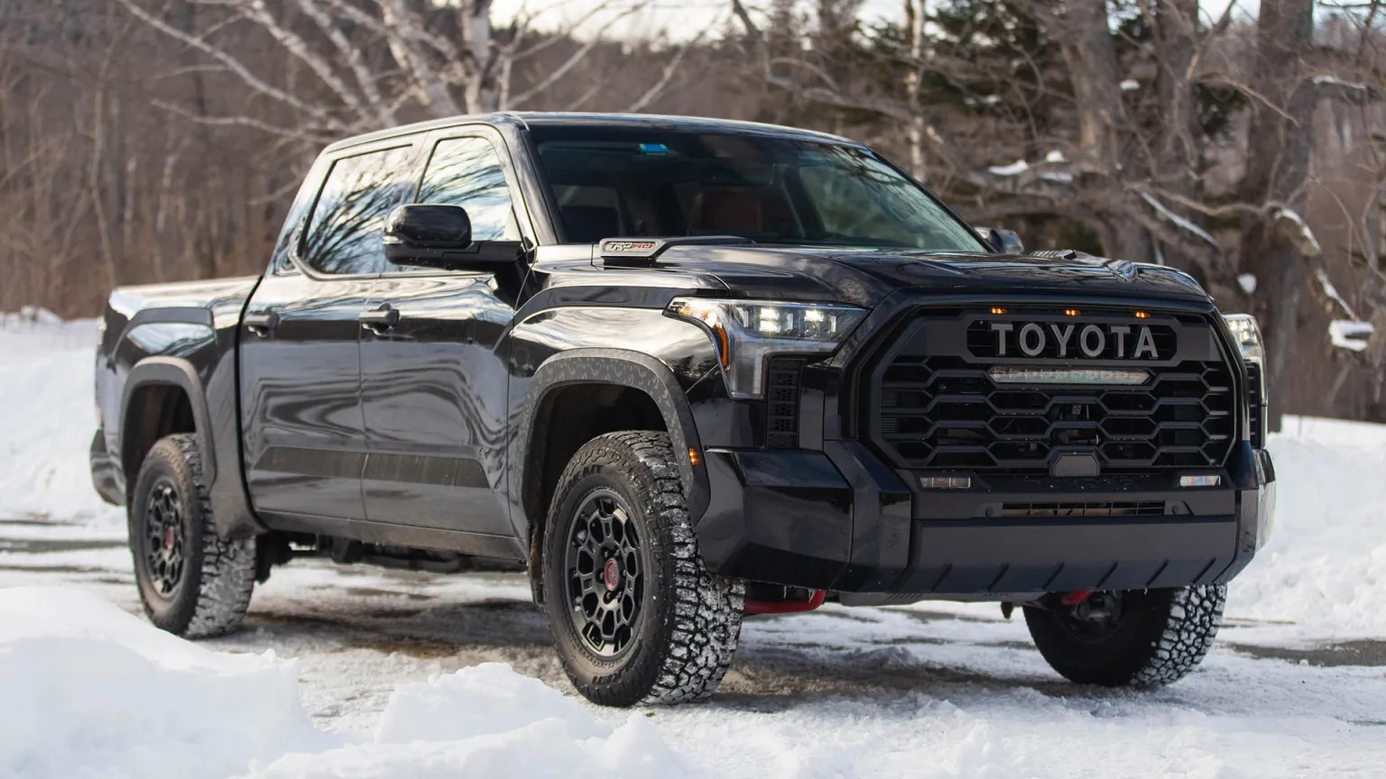 Black 2022 Toyota Tundra TRD Pro parked in snow